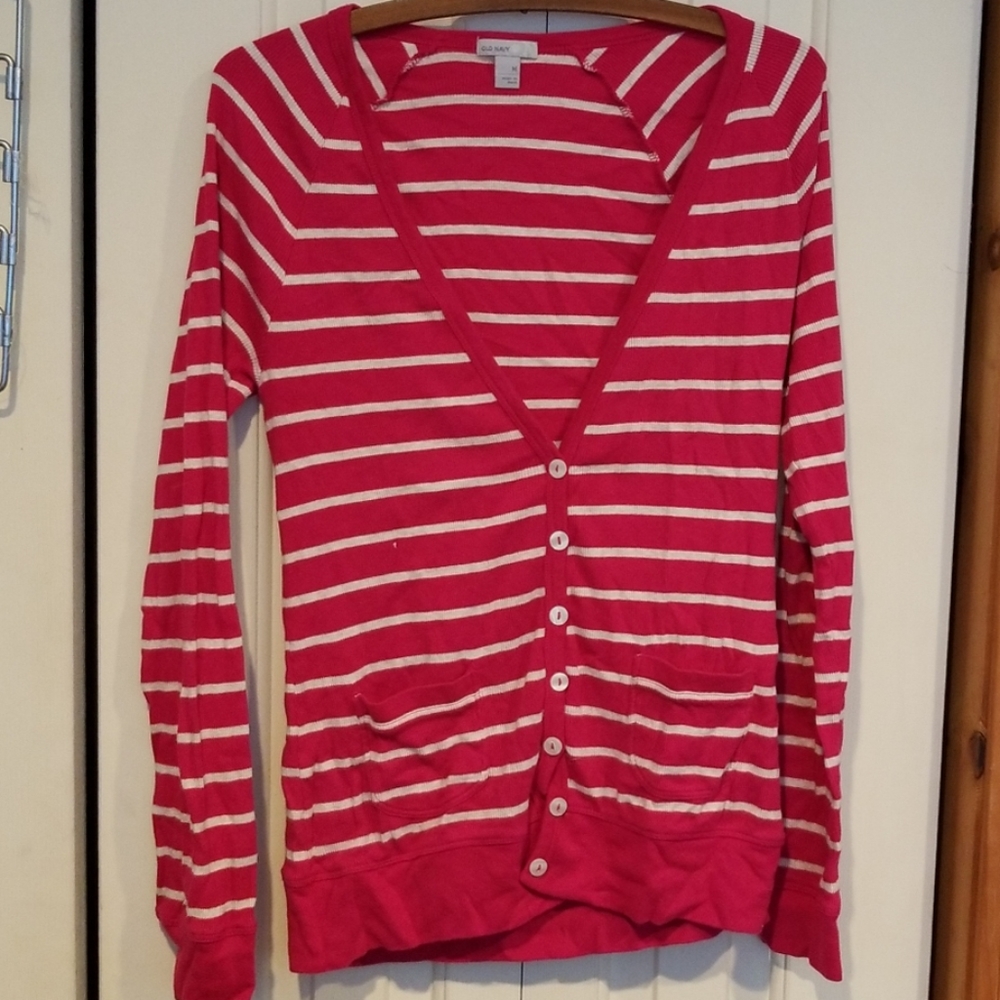 Ld navy pink & white striped cardigan